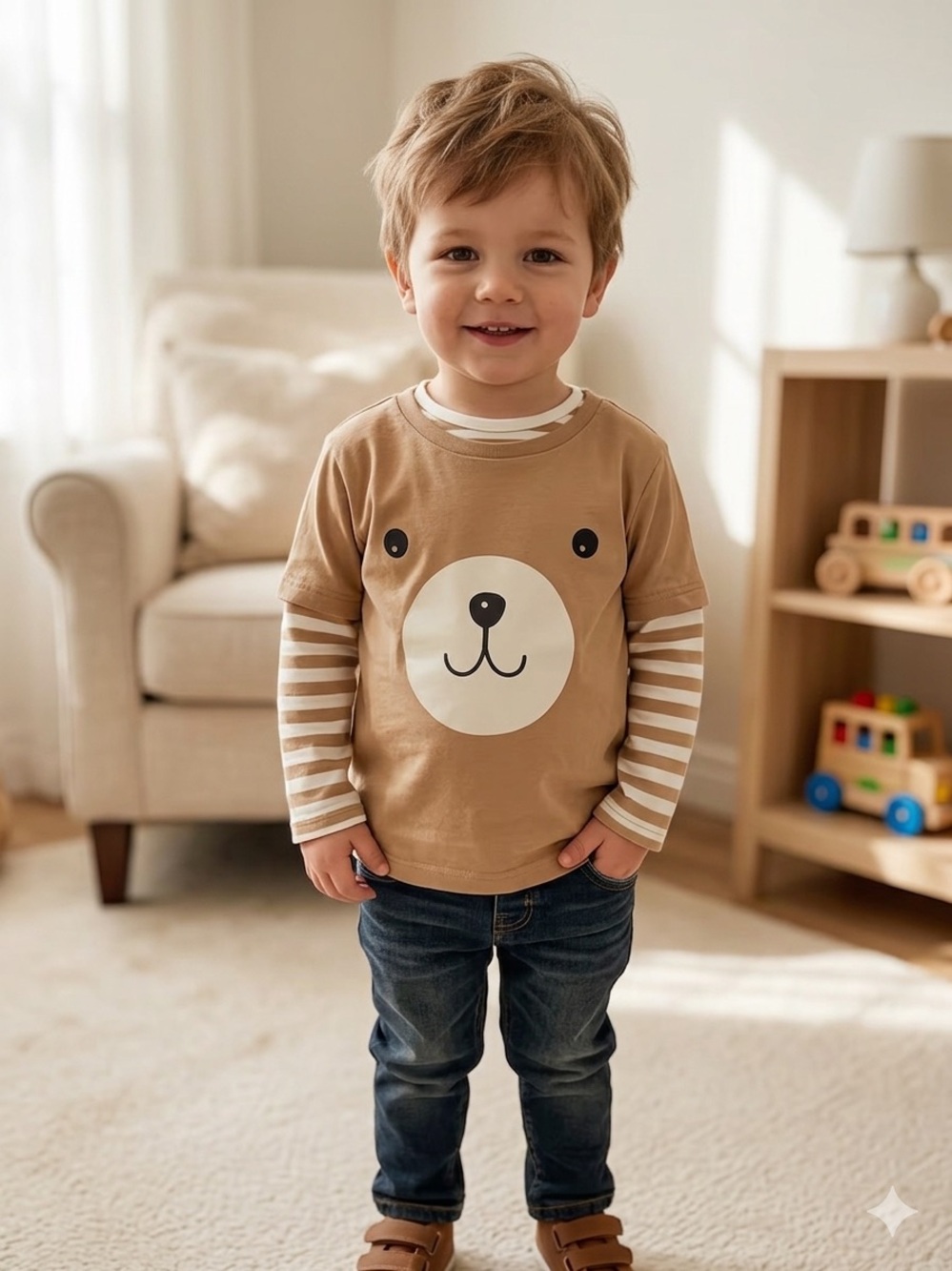 H&M Baby Boys Size 4T Long Sleeve T-Shirt 2-Piece Matching Set - Bear & Stripes